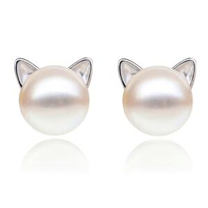 Silver White Cat Faux Pearl Earrings, Cat Earrings, Cat Jewelry, Cat Lover Gift